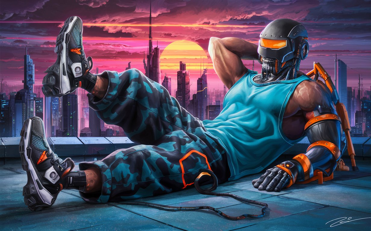 Futuristic Cyberpunk Android Resting on Skyscraper Rooftop at Dystopian Sunset