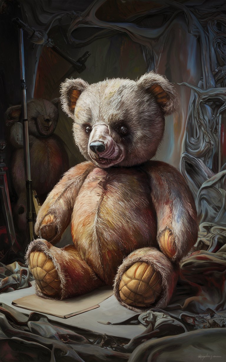 16k4d art rfktrstyle complex 'macabre Teddy' bear,  (natural Pose), perfect form, perfect composure, perfect form,Studio Photography, Scary Creepy (Grisly) Ominous, Painted with Vibrant Oils, (Illustration)