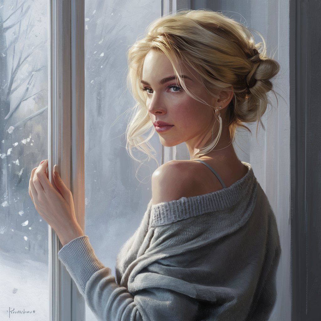 Blonde Girl in Snowy Window Scene