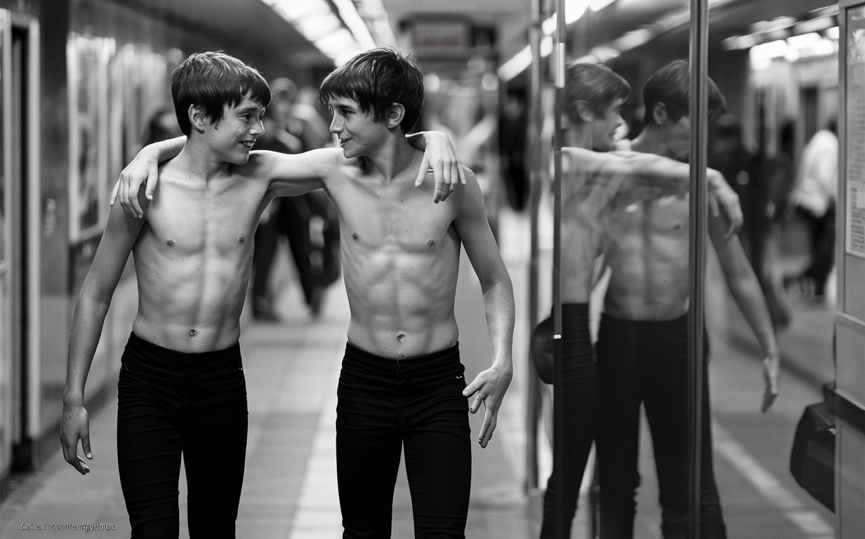 urban photography capturing the love and connection between two teenage boys wearing tight black pants in a subway station, raw and authentic, black and white, candid shot, street photography, emotional storytelling, Leica Q2, full shot