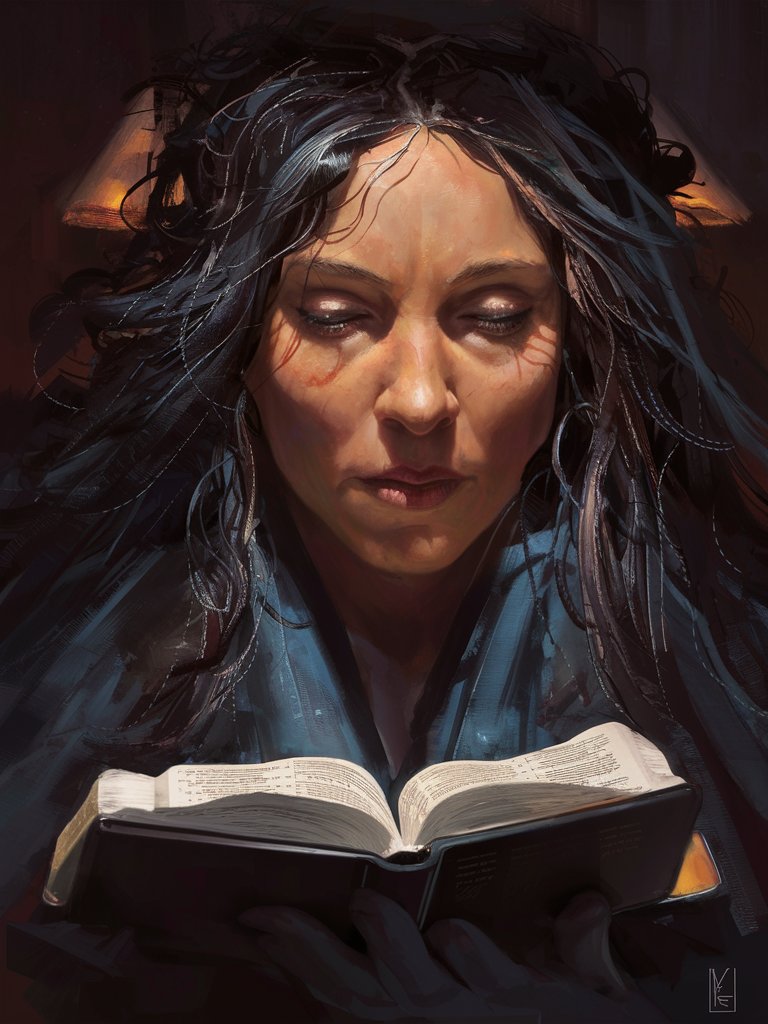 A digital painting of a beautiful woman reading the Bible, her expression one of rapt attention and reverence. The soft glow of lamplight illuminates her face, casting shadows that hint at the depths of her faith and devotion.
