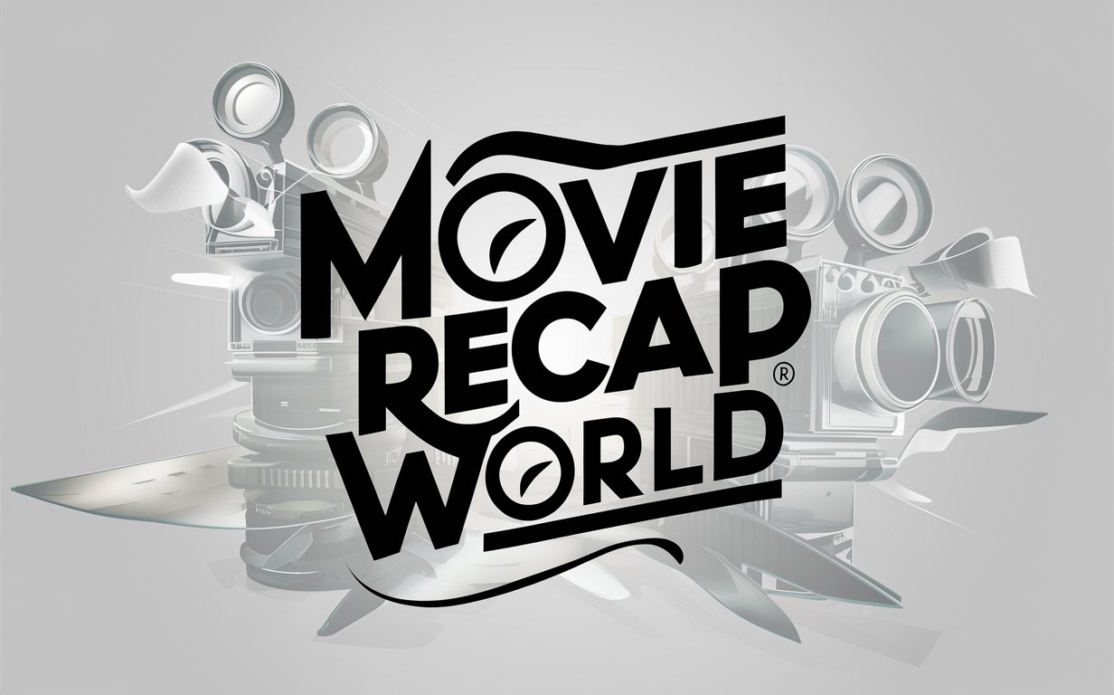 a logo ,with text in front (Movie Recap World),text Movie Recap World,with vector movie tape cameras on background,
