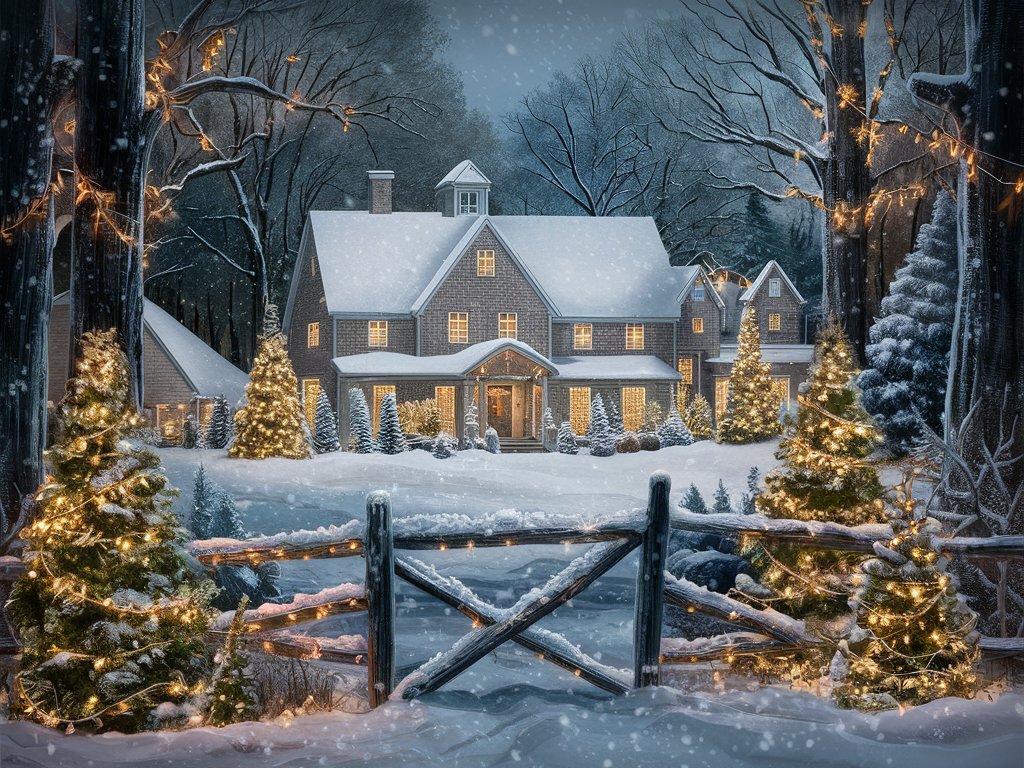 Charming Winter Farmhouse Scene with Vintage Santa Design