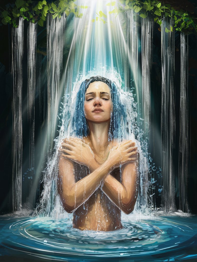 A digital painting of a woman standing beneath a cascading waterfall in a shower, surrounded by gentle rays of light emanating from above. The water flowing over her depicts a cleansing process, washing away dark shadows and negative energies. The light symbolizes the presence of the Holy Spirit, bringing renewal and purification to her spirit. The woman's expression is one of serenity and inner peace as she feels the transformative power of divine love and healing through the cleansing shower.