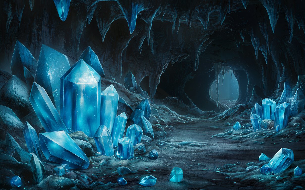 A cave filled with shining blue crystals of all sizes. Reflections, eerie feeling.
