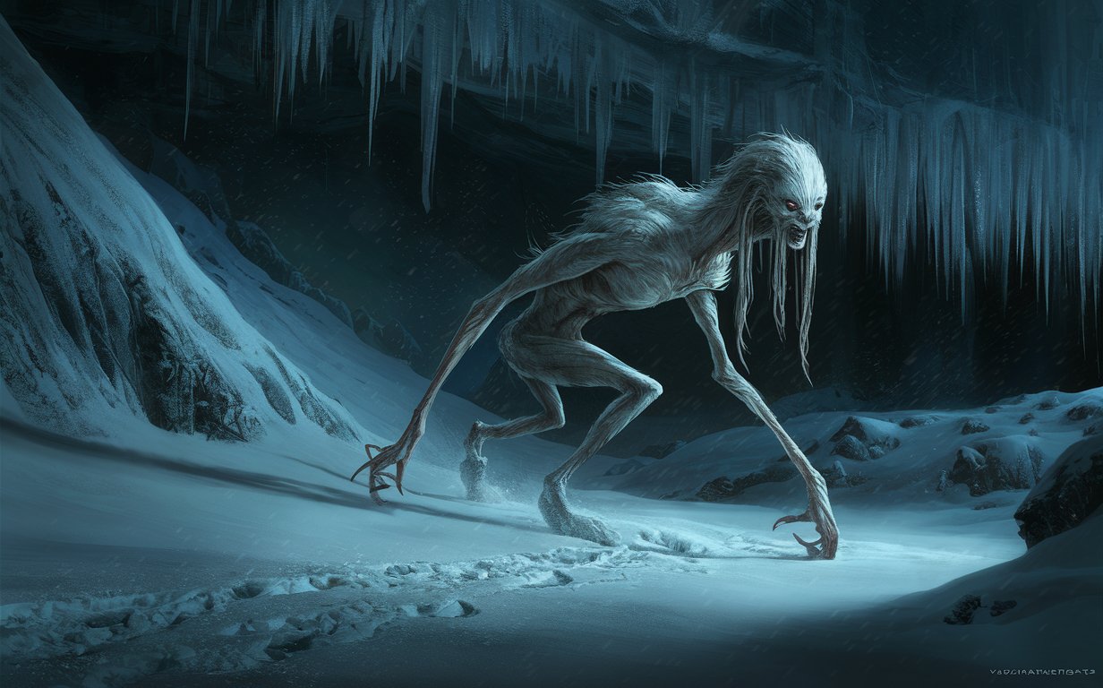 Sinister Snow Cave Dweller Long Limbed Creature in Frosty Underground Landscape