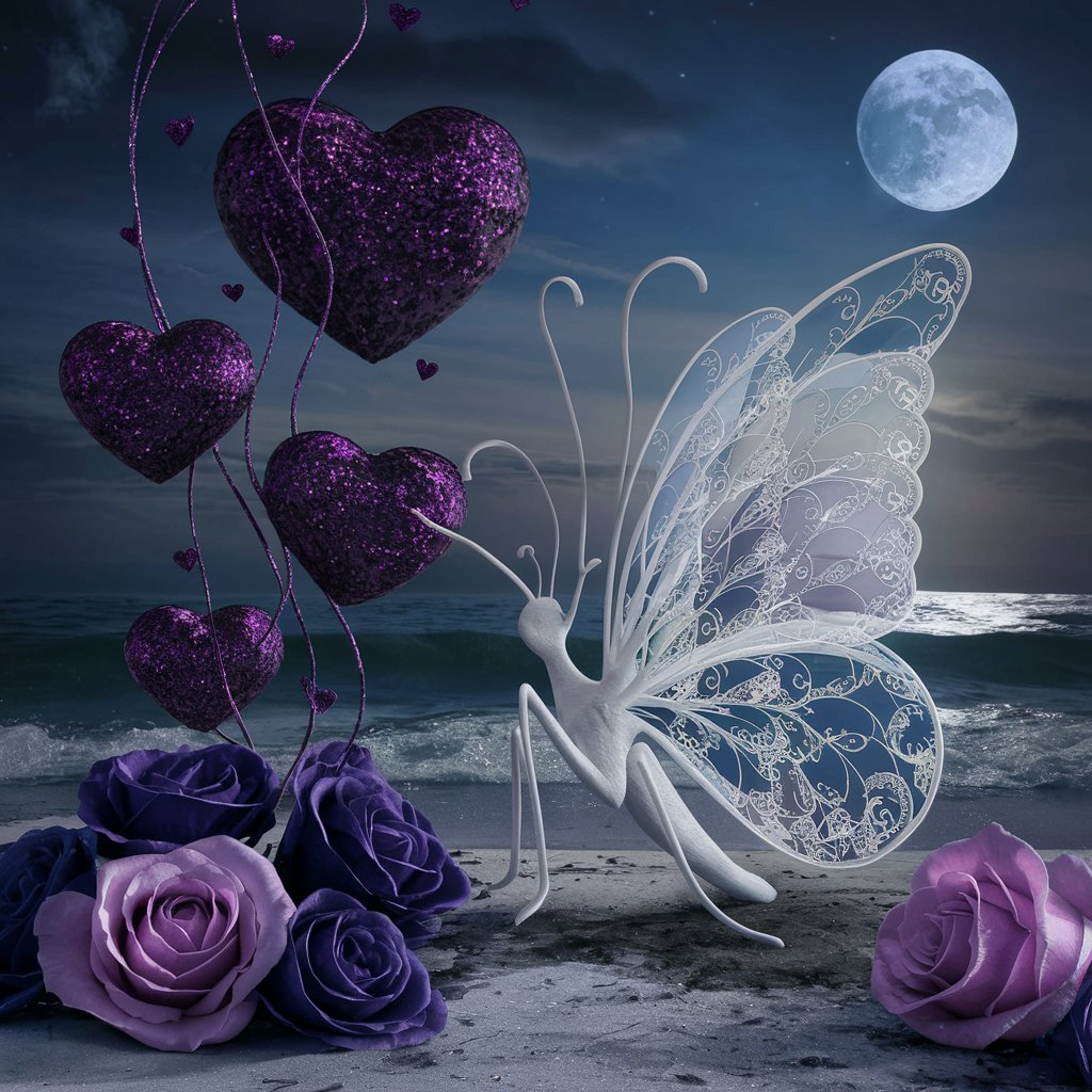 Elegant Butterfly and Swirling Hearts on Moonlit Beach