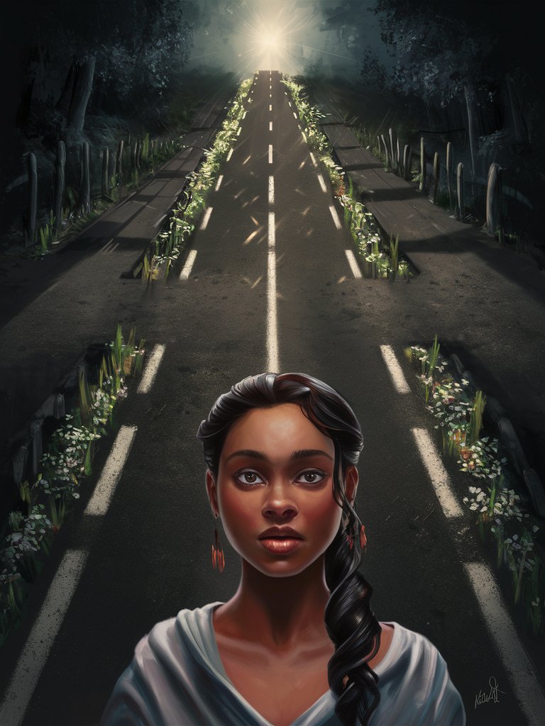 A mesmerizing digital painting capturing a beautiful ethnic woman standing at a crossroads, where a single illuminated road symbolizes the path of Jesus and divine destiny. The road is lined with blooming flowers and radiant light, embodying the essence of spiritual guidance and salvation. Shadows of materialistic temptations and distractions flicker on the sidelines, testing her resolve to stay true to the path of righteousness. The woman's expression reveals a mix of determination and introspection as she contemplates the choice between following the illuminated road to spiritual fulfillment or veering off into the darkness of earthly desires, emphasizing the importance of faith and perseverance in navigating life's challenges and staying aligned with God's plan.