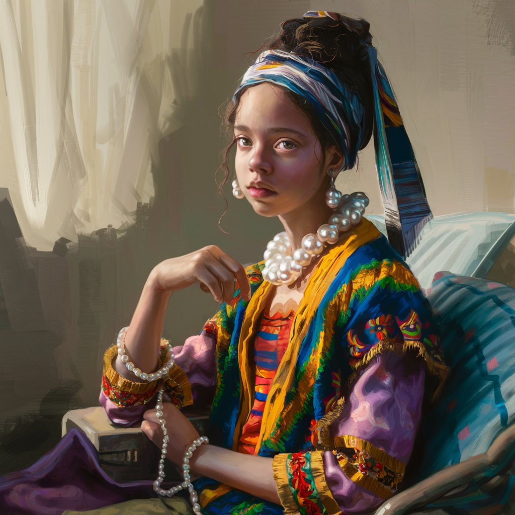 jeune femme africaine à la maniere de La Jeune Fille à la perle de Johannes Vermeer
