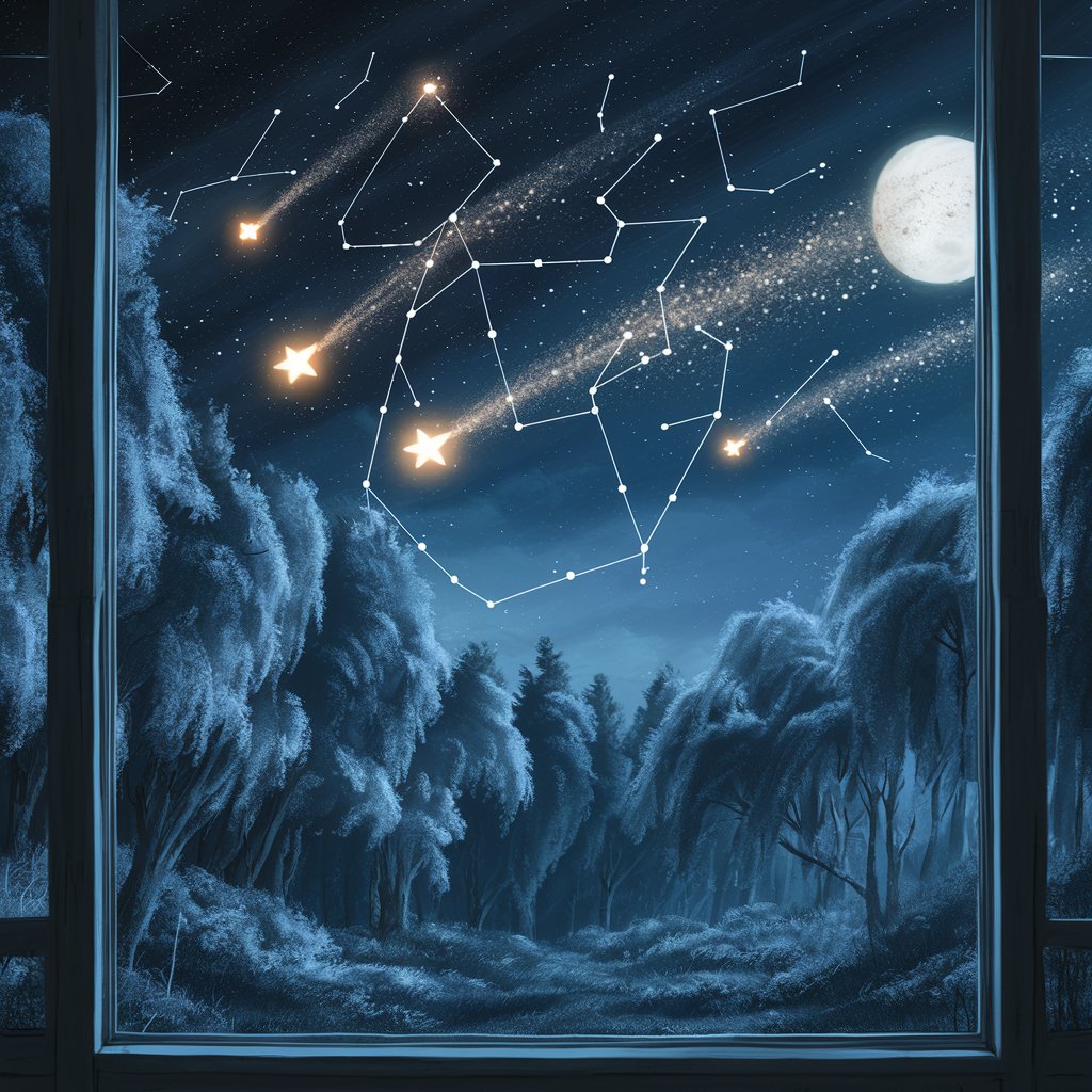 Create an image of 4 shooting stars and the constellations in the night sky. its from the view of a large window over a forest. 