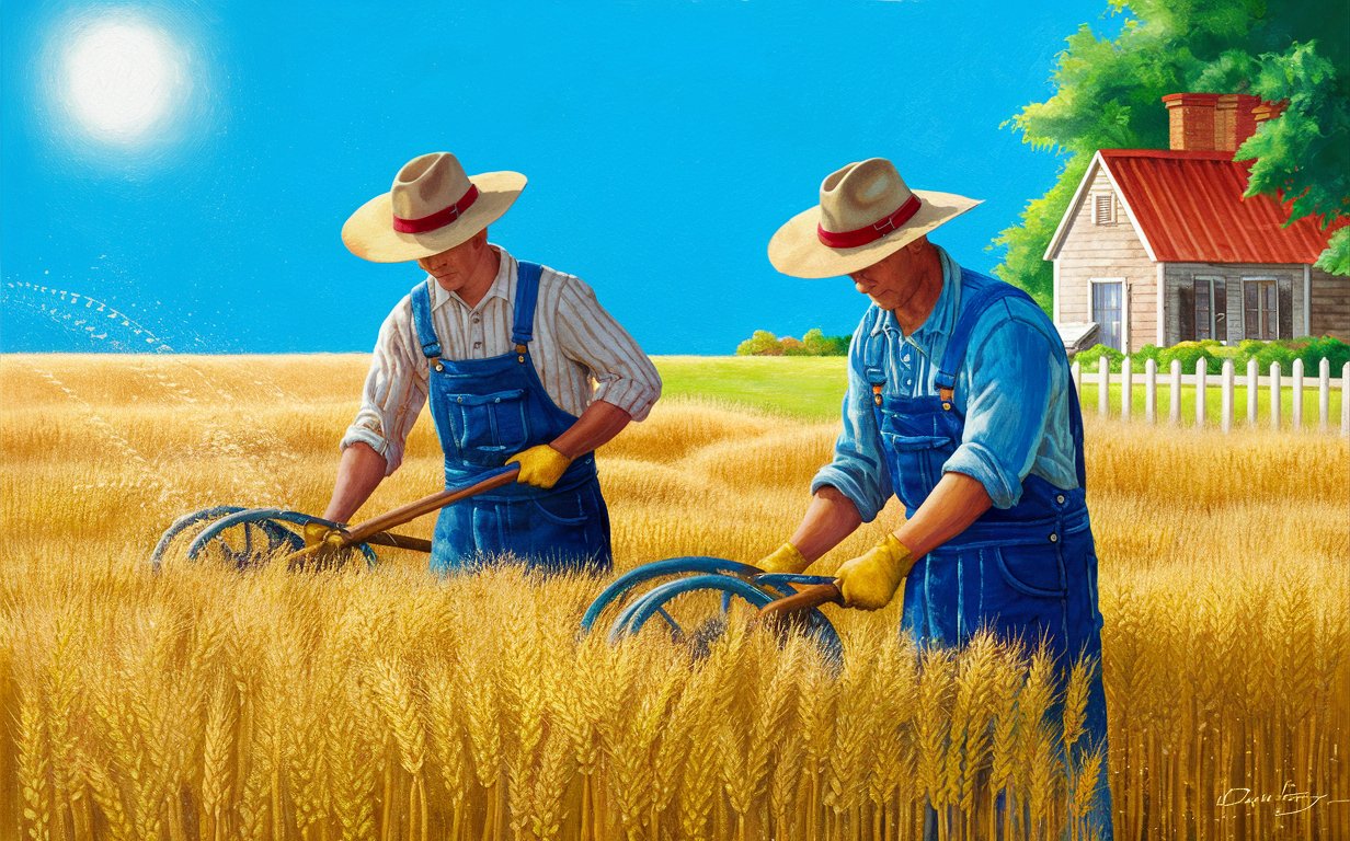 два фермера на поле пшеницы, ферма, ясная погода