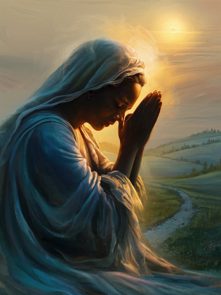 Digital painting of a beautiful woman in prayer, her face bathed in the golden light of dawn. The delicate brushstrokes capture the reverence and humility in her posture, inspiring viewers to connect with their own spirituality and sense of wonder.