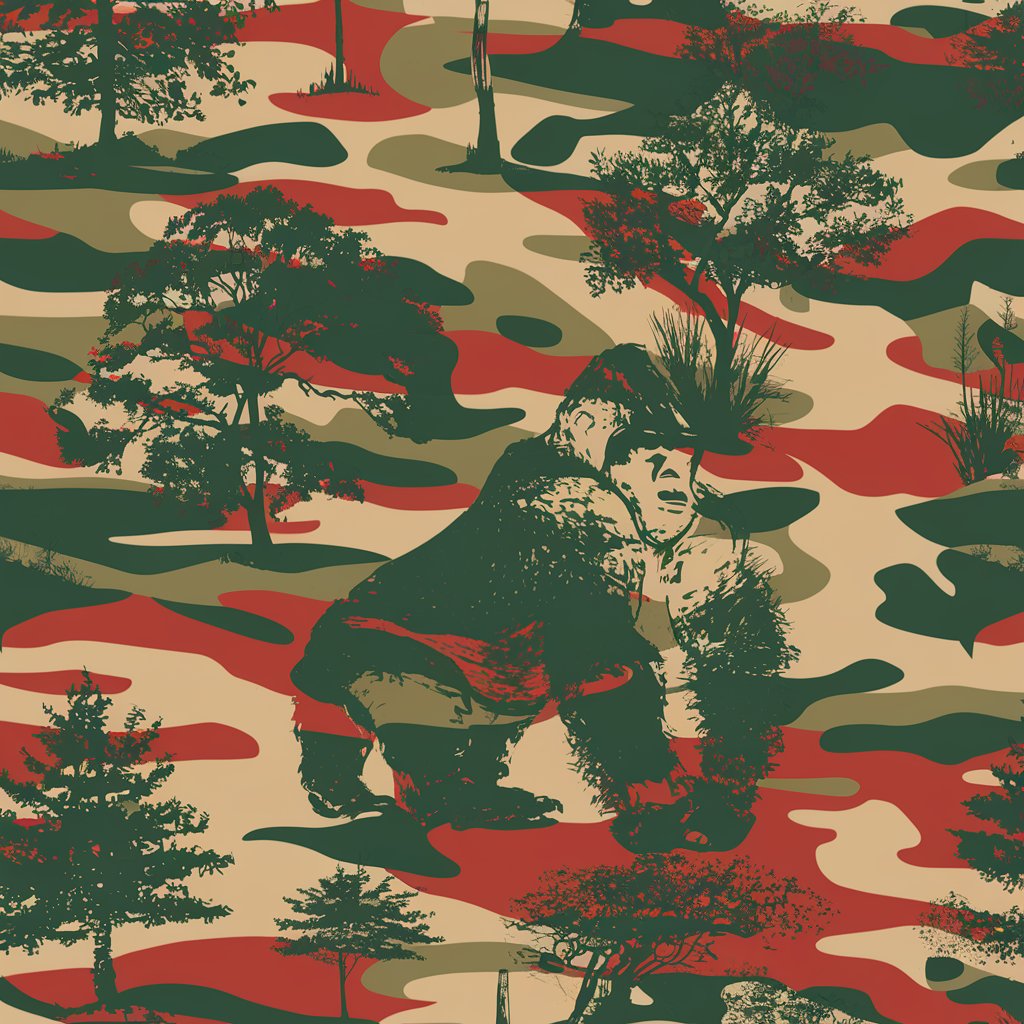 create an abstract camouflage pattern for clothing consisting of gorilla outline, oak tree outline, pine tree outline, manzanita tree outline, make the images the camouflage colors woven together 