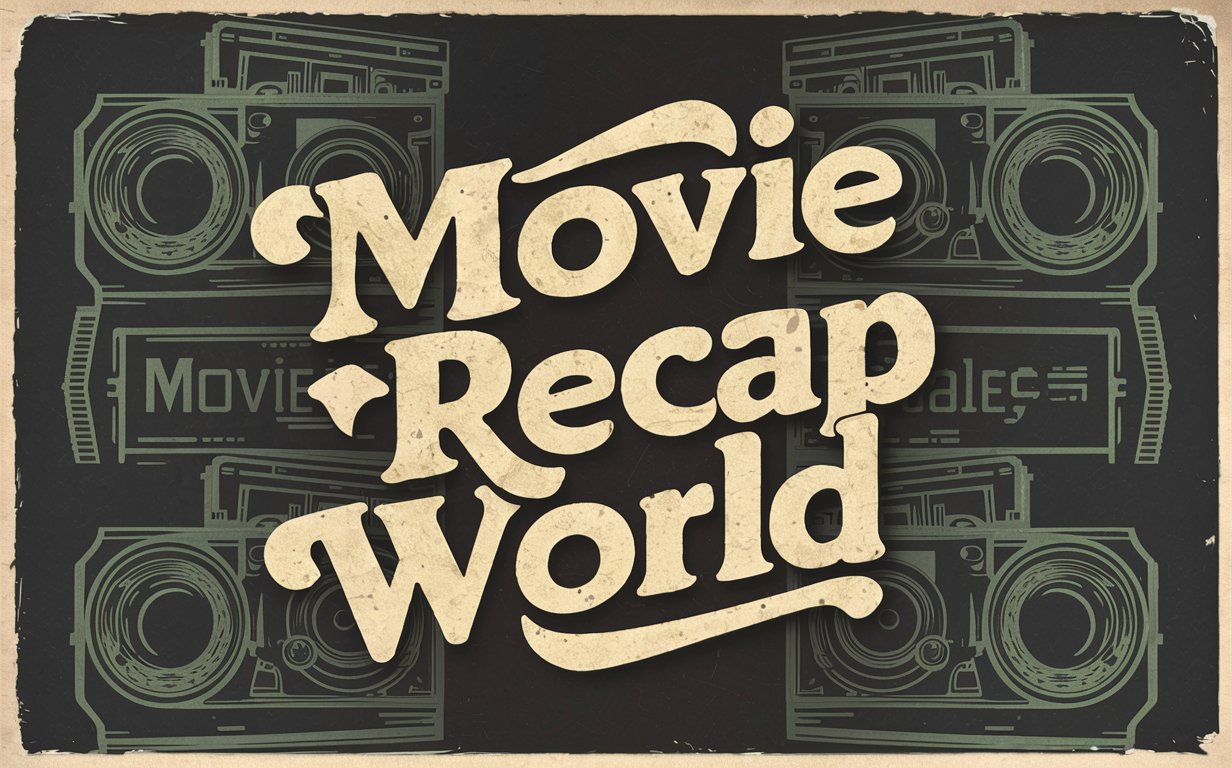a logo ,with text in front (Movie Recap World),text Movie Recap World,with vector movie tape cameras on background,in vintage style like old photos 
