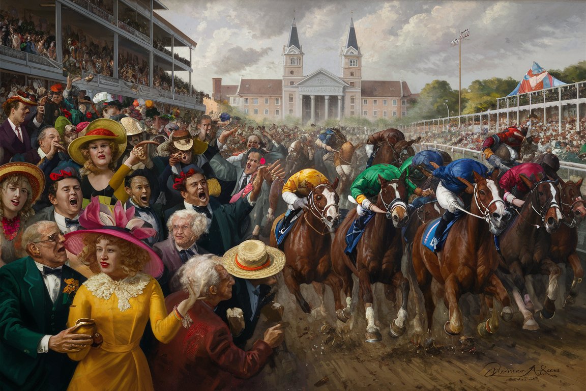 Imagine a bustling scene at the Kentucky Derby, filled with the energy and anticipation of one of America's most iconic horse races. In the foreground, elegantly dressed spectators crowd the railings, their expressions a mix of excitement, tension, and joy, capturing the high society and diverse attendees that the event attracts. Women in vibrant, wide-brimmed hats and men in sharp suits and bow ties cheer, shout, and hold their breath as the thoroughbreds thunder down the track, a blur of muscle and motion.  The middle ground teems with the intense competition of the race itself. Horses, depicted with exaggerated motion and expressive detail characteristic of Reginald Marsh's work, strain towards the finish line. Their jockeys, clad in colorful silks, crouch low, urging their mounts forward, every muscle tensed for victory.  In the background, the iconic twin spires of Churchill Downs rise against a dramatic Kentucky sky, lending a sense of place and tradition to the scene. The entire painting vibrates with the movement and excitement of the Derby, rendered in Marsh's gritty, vibrant style, capturing the essence of American life and entertainment with a touch of the artist's signature critique of society's spectacle and excess.  The color palette is rich and lively, with the greens of the track and the bright hues of the crowd's attire contrasting with the earthy tones of the horses and the jockeys' vibrant silks. The composition is dynamic, with a sense of depth and movement that draws the viewer's eye from the foreground crowd, across the fierce competition of the race, to the architectural symbol of the event in the distance.  This scene is not just a portrayal of the Kentucky Derby but a vivid narrative of American culture, spectacle, and the pursuit of triumph, all through the lens of Reginald Marsh's distinctive style, blending realism with caricature, and vibrant energy with a nuanced social commentary.