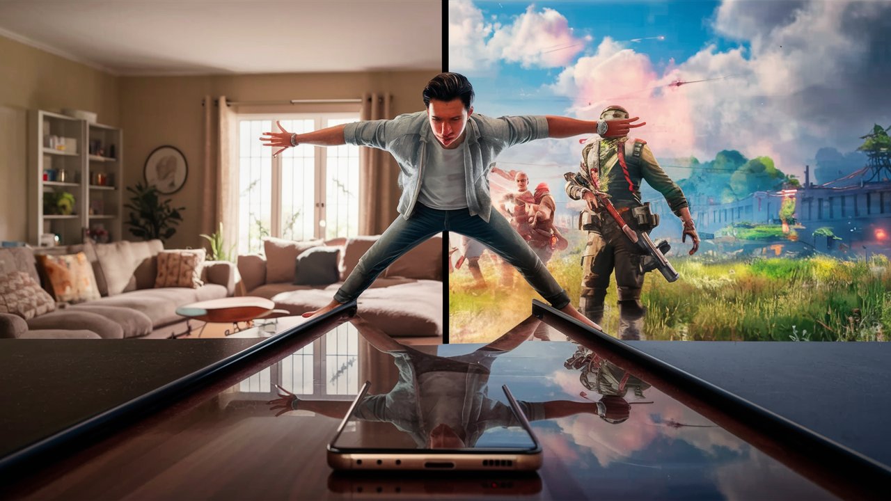 There are two spaces in the picture, one is a normal home space with natural lights and the other is a PUBG game space with colors related to the game environment. Between these two spaces there is a mobile phone and a man tries to go from the home space to the game space and become one of the characters of the game