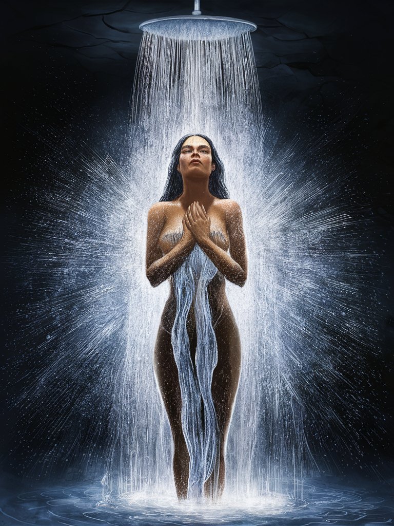 A digital painting of a beautiful woman standing in a shower, with water cascading down her body. The shower is surrounded by sparkling light symbolizing the Holy Spirit, washing away dark and negative energy. The woman's face is serene and peaceful as she feels refreshed and cleansed spiritually.