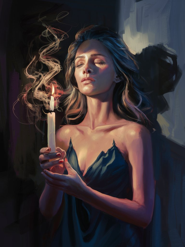 A digital painting of a beautiful woman holding a candle in a darkened room, her face illuminated by its flickering flame. The shadows dance across her features, creating a sense of mystery and reverence that draws the viewer into a moment of quiet contemplation.