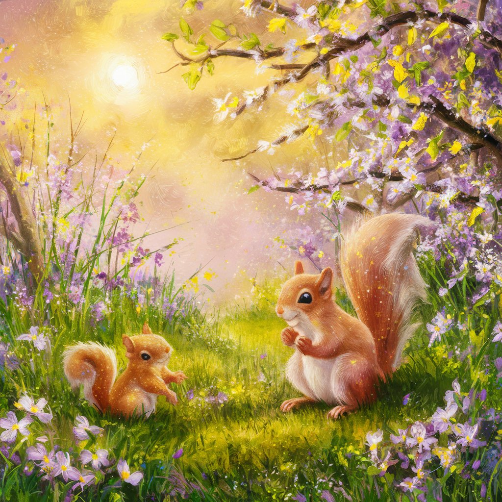 beautiful spring day, cutesy squirrels playing, beautiful wild flowers, sun dhine, shine, sparkle, glowing, Thomas Kinkade