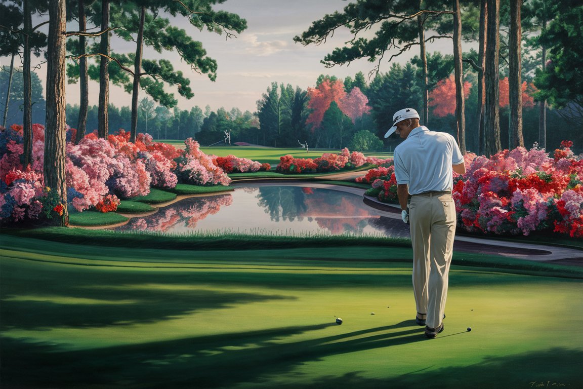 Imagine an oil painting that captures the serene and prestigious atmosphere of a golf game at Augusta National, known for hosting the Masters Tournament. This painting features early morning light casting long, soft shadows across the immaculately manicured fairways, each blade of grass vividly rendered in rich greens. In the foreground, a golfer in classic attire—a crisp, white polo shirt and tailored pants—takes a focused swing, his form a study in concentration and grace. His figure is poised, with the golf club caught mid-motion, emphasizing the fluidity and precision of the swing.

The background is a lush panorama of Augusta's famous azaleas, blooming in vibrant pinks and reds, contrasting beautifully with the deep greens of the grass and the pale, clear blue of the sky. Towering pines frame the scene, their needles finely detailed, adding a sense of depth and tranquility to the composition.

The scene is peaceful yet charged with the quiet tension of a golf match, the air almost vibrating with the soft sounds of nature and the distant murmur of spectators. Light filters through the trees, dappling the ground and highlighting the golfer’s intense focus and the natural beauty of Augusta National. The painting not only captures a moment of athletic prowess but also conveys the unique blend of tranquility and competitive spirit that defines golf at this iconic venue.