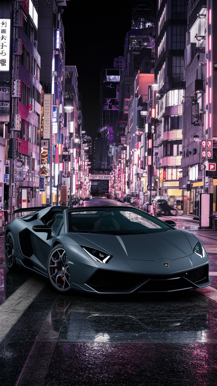 Dark gray Lamborghini sian roadster in An ultra-detailed and realistic digital art featuring Neon Nights of Tokyo - contrasting the traditional with the modern by showing the neon-lit streets of Tokyo's bustling districts such as Shinjuku and Shibuya, capturing the vibrant energy of the city at night... happy accidents, exquisite detail, 30 megapixels, 4k, CanonEOS 5D Mark IV DSLR, 85mm lens, sharp focus, intricate details, long exposure, f/2, ISO 100, shutter speed 1 /125, diffuse backlight, award-winning photography, monovision, perfect contrast, high sharpness, depth of field, ultra detailed photography, ray tracing, global illumination, soft, ultra high definition, 8k, ultra sharp focus