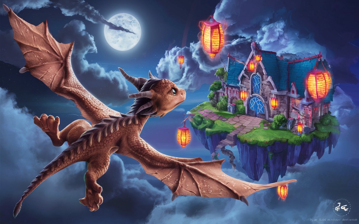 dragon going to school in floating sky islands, hd, fantasy lighting, moonlit, adventurous, excitement.