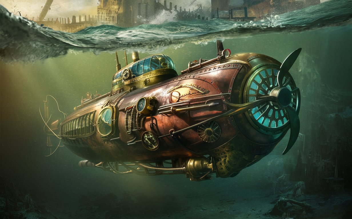 Steam-punk loking submarine under watther