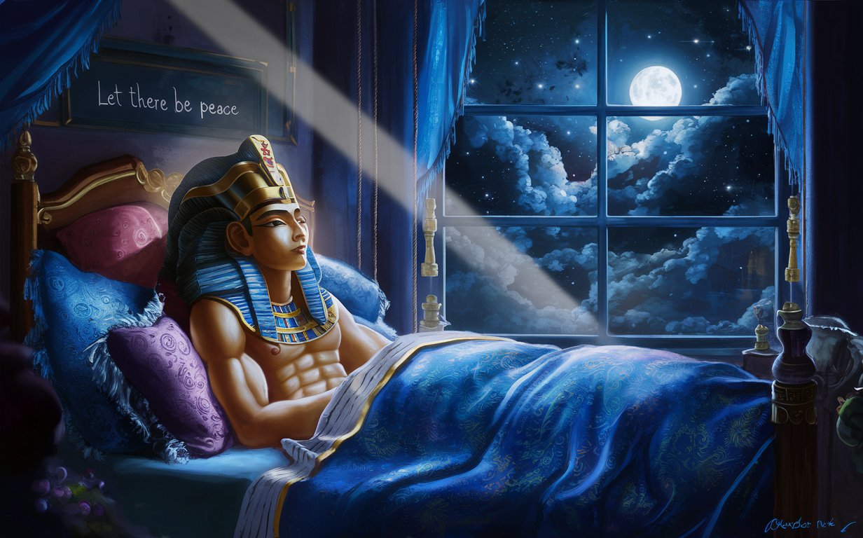 God Amun, lying in his bed, resting, outside the window is night, the starry sky. And there's an inscription above the bed, stream offline