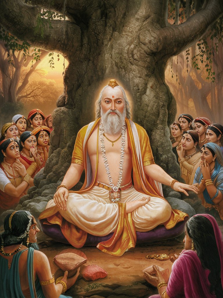 Visualize Maharishi Narad, the celestial sage, sitting under a sacred tree, narrating the Narad Purana to a group of rapt listeners.
