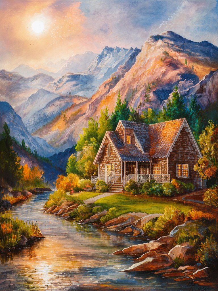 Картина маслом с высокой детализацией пейзаж домик река горы