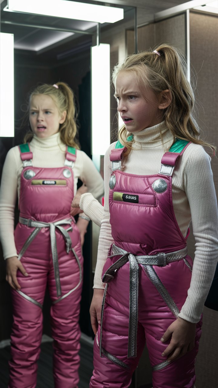 A teenage Swedish woman wearing shiny pink ski bibs with silver and green sections and a thin white turtleneck. The ski bibs are thick and insulated and have a satiny sheen. The ski bibs have a tightly cinched matching belt.

She is in a dressing room with a full length mirror. She is getting ready to go outside in the cold weather. She is not wearing makeup.

Her hair is in a ponytail. She is impatient or annoyed.