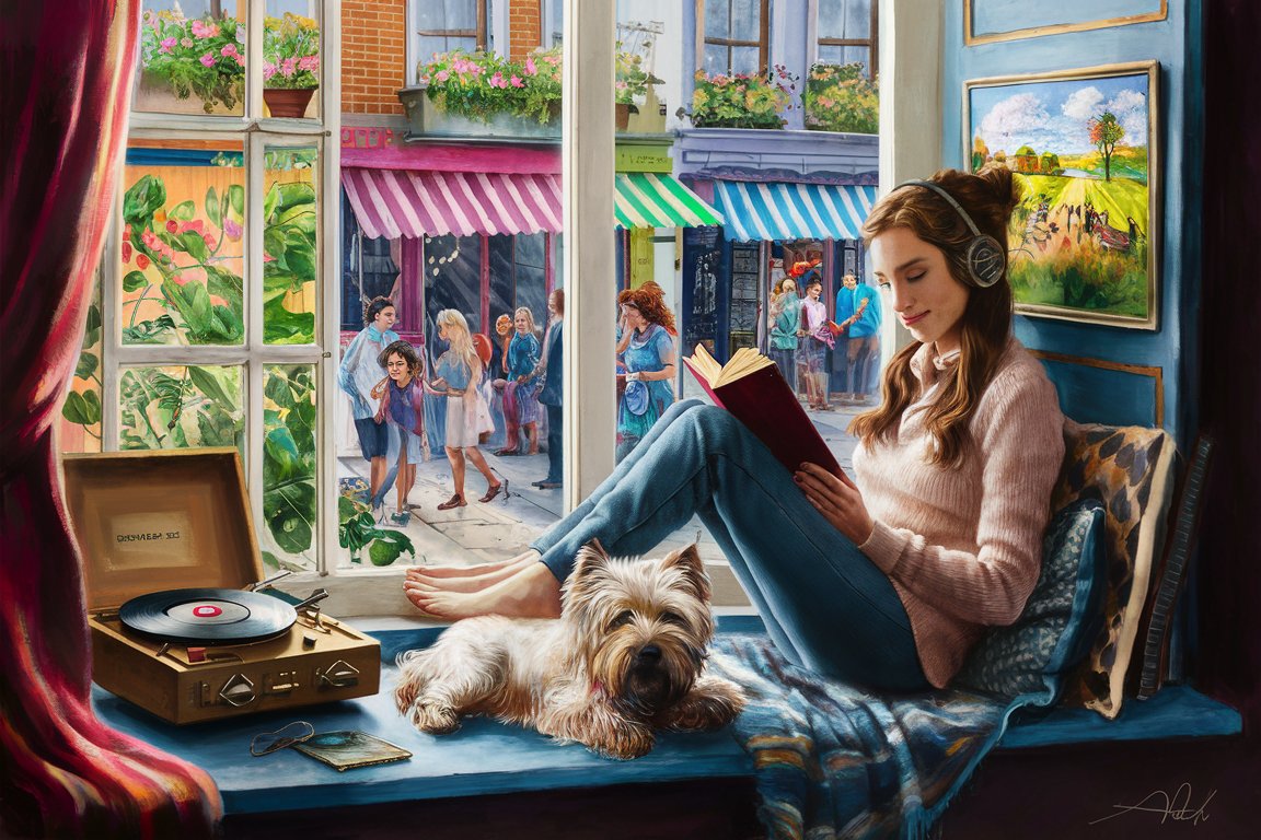 Woman reading tea vinyl player westie window painting