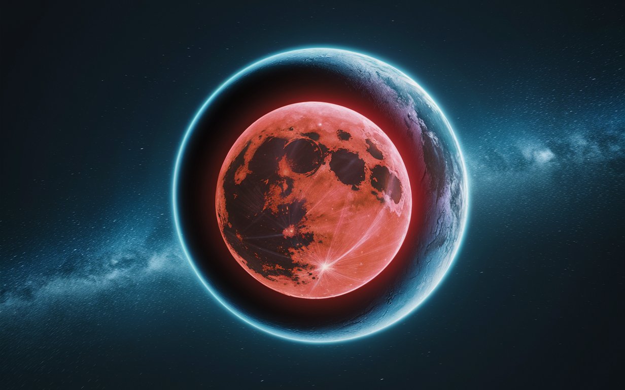 Visualize the phenomenon of a lunar eclipse, with the Earth casting its shadow on the moon.