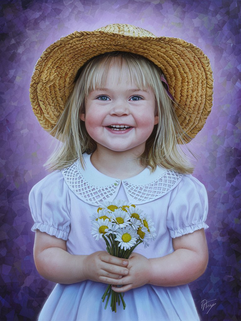 girl 3 years old, blond hair to the shoulders, in a straw hat, in a white blouse with openwork collar, holding a bouquet of daisies, background violet-blue, oil painting style