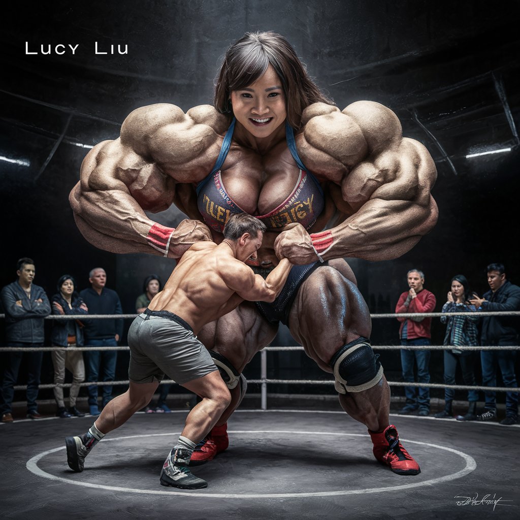 Female Bodybuilder Lucy Liu Dominates Wrestling Match with Huge Muscles