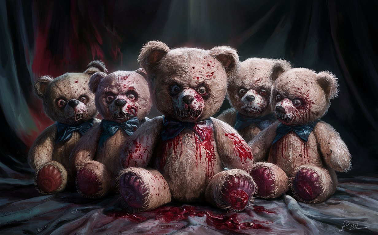 multiple shot 16k4d art rfktrstyle complex 'Horror Bears' Teddy bear,  (natural Pose), perfect form, perfect composure, perfect form,Studio Photography, Scary Creepy (Grisly) Ominous, Painted with Vibrant Oils, (Illustration)