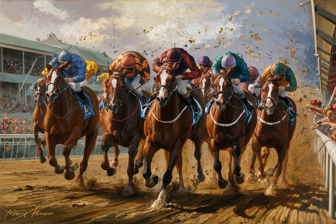 Envision an oil painting by Winslow Homer capturing the vibrant and dynamic scene of the Kentucky Derby. This artwork portrays the exciting climax of the race, rendered in Homer's celebrated Realist style with a touch of American Impressionism. The composition focuses on the intense moment as the horses thunder down the home stretch, a blur of motion and energy.

In the foreground, several racehorses stride powerfully towards the finish line. Each horse is depicted with exquisite attention to muscular detail and the sheer power of their movement, their coats glossy and shimmering under the bright sunlight. The jockeys are clad in colorful, eye-catching silks, their bodies leaning into the intense speed, expressions caught between fierce concentration and the thrill of the race.

The background offers a vivid portrayal of the cheering crowd, a tapestry of faces and emotions. Men and women in their Derby best—ladies in wide-brimmed hats adorned with flowers and ribbons, gentlemen in sharp suits—add a rich variety of colors and textures to the scene. The iconic twin spires of Churchill Downs rise elegantly in the distance, framed by a sky painted with soft, impressionistic strokes, suggesting the warmth and brightness of a spring day.

This painting not only captures the excitement and motion of the Kentucky Derby but also reflects the cultural and social spectacle of the event, all through Homer’s masterful use of color, light, and expressive brushwork.
