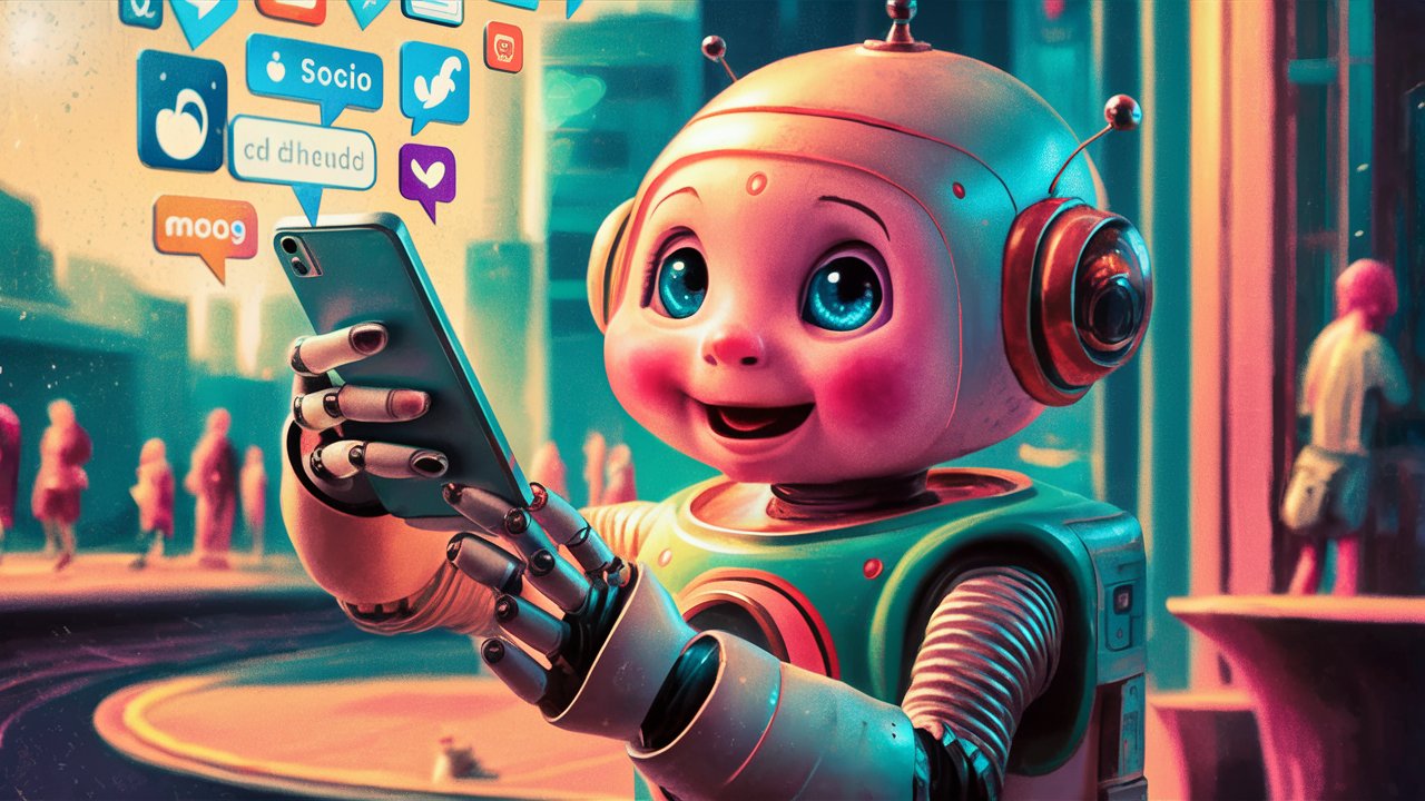 Ilustração de robô infantil usando aparelho celular para acessar redes sociais 
