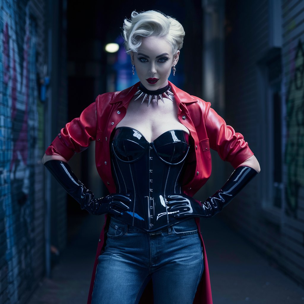 Alice Scott , a cute woman with short blonde hair,  pale alabaster skin, and a wasp-waisted build. wearing a glossy black latex corset, tight corset, latex gloves. denim jeans. red button up shirt.  spike choker. standing in an alleyway
