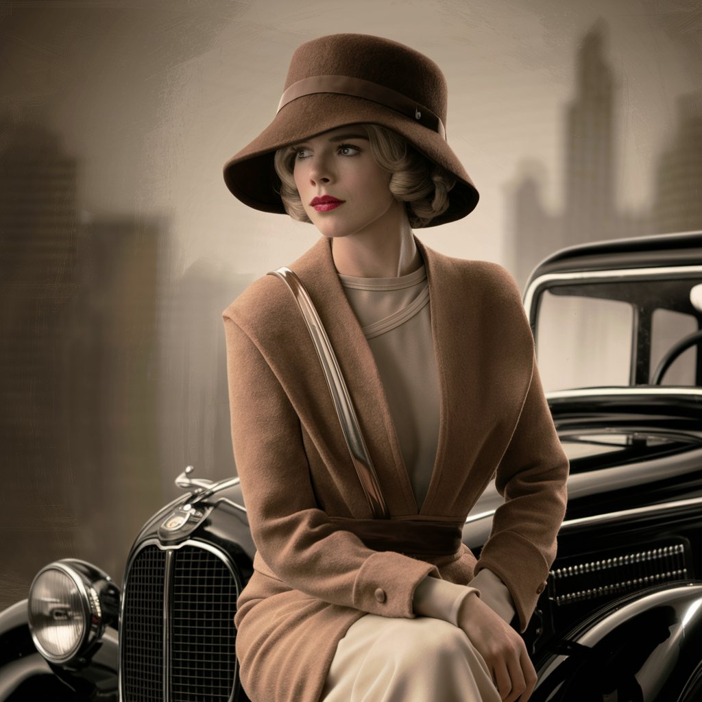 A woman wearing a brown felt hat with a metallic strap and an elegant beige coat or dress sits on the hood of a black Ford T. She has a pensive, somewhat melancholic expression on her face. The lighting and styling of the image evokes a vintage nostalgic aesthetic reminiscent of the 1920s or 1930s. The figure and refined appearance of the woman suggest a certain grace and sophistication typical of that period.