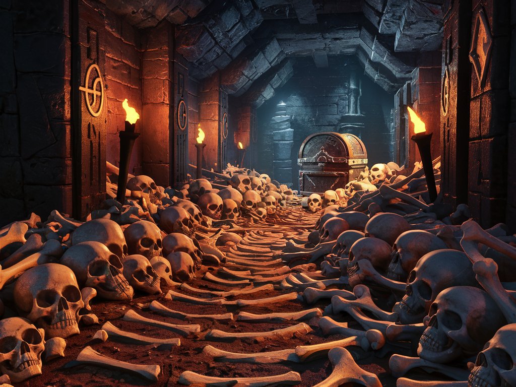 high resolution image of an uncharted dungeon with skulls, bones and treasure on the ground