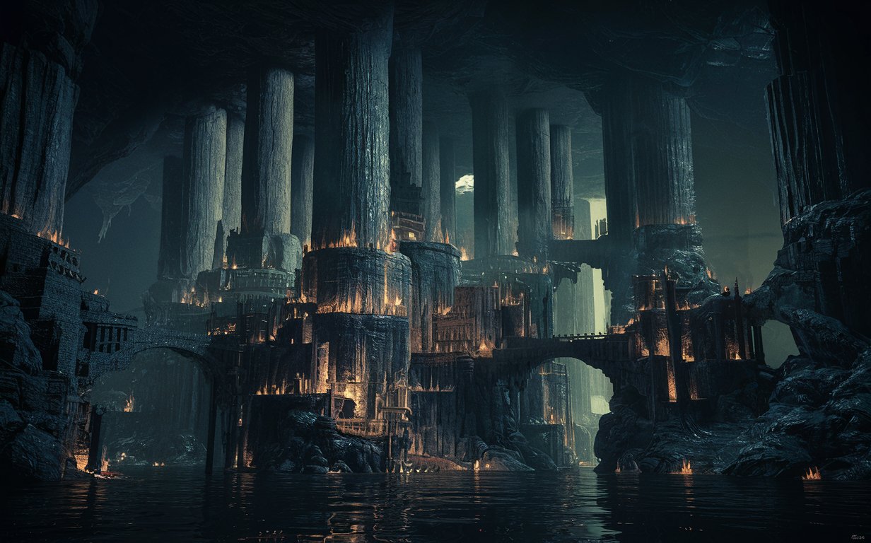 Low fantasy buildings and bridges built at the sides of massive natural columns that reach the roof of the cave inside a giant dark cave and surrounded by black water.