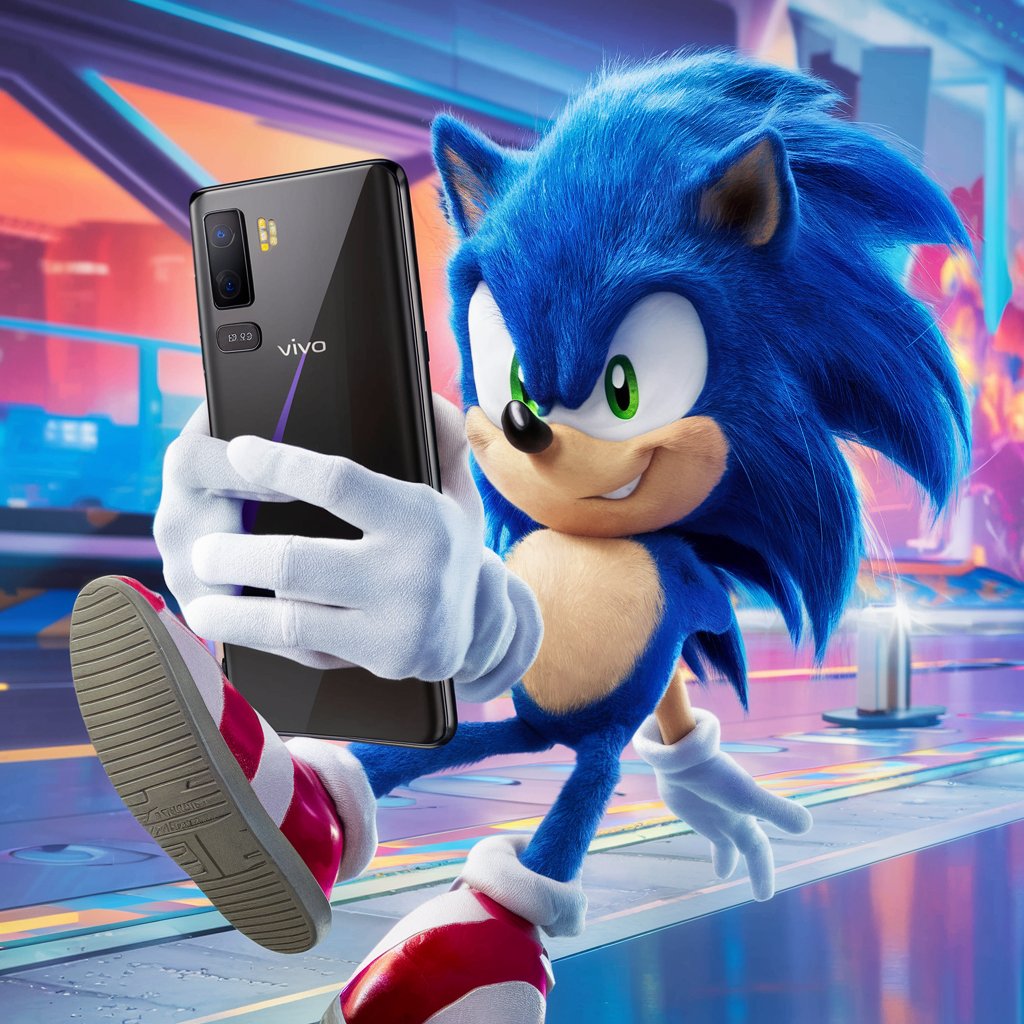 Sonic Holding Vivo Y36 Phone Vibrant Character Pose with Modern Technology