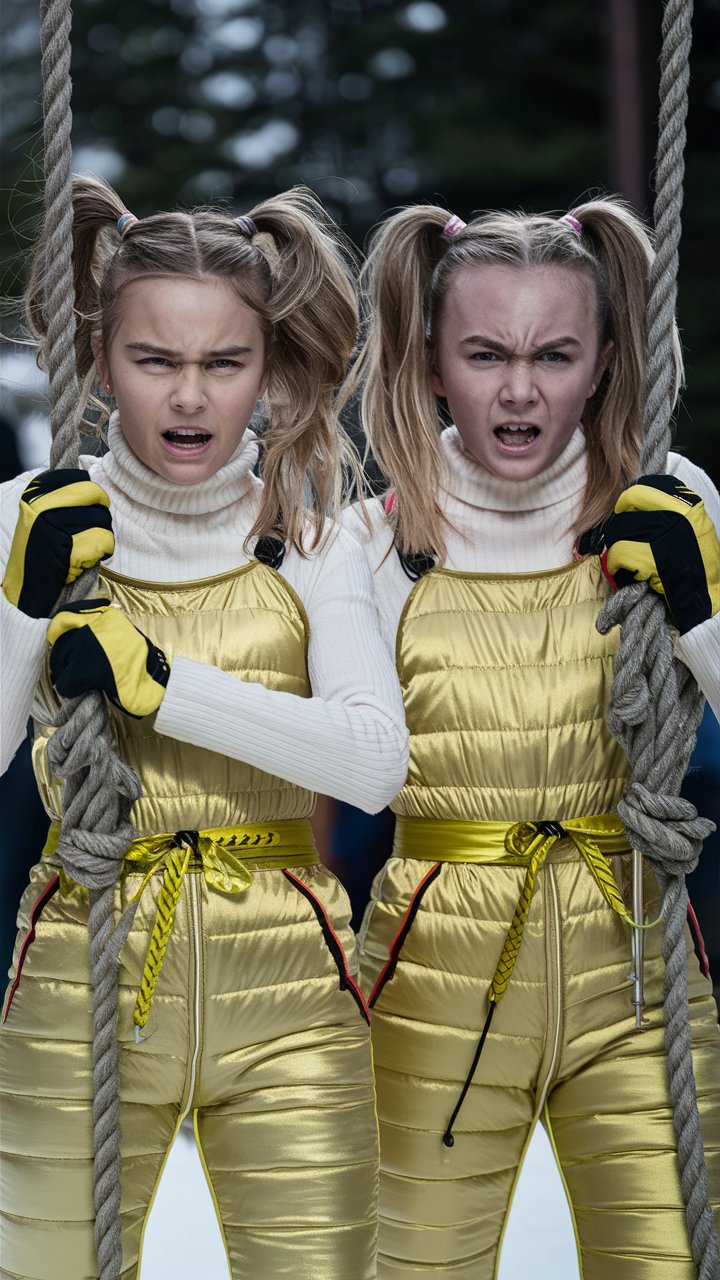 Two teenage Swedish woman are wearing shiny yellow ski bibs and a thin white turtleneck. The ski bibs are extra thick and insulated and have a satiny sheen. The ski bibs are quilted and have baffles. The ski bibs have a tightly cinched matching belt. 

They are both pulling on heavy ropes. They are not not wearing makeup.

Their hair is in high pigtails. They are impatient or annoyed.