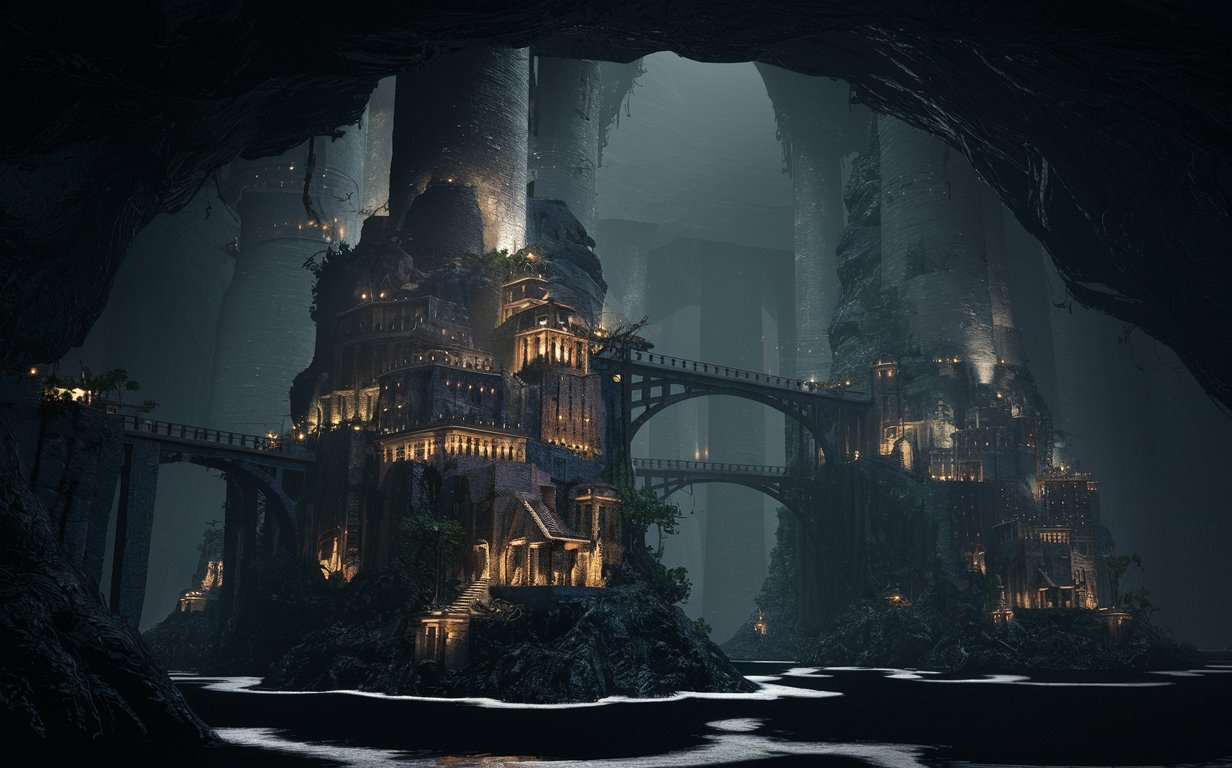 Low fantasy buildings and bridges built at the sides of massive natural pillars that reach the roof of the cave inside a giant dark cave and surrounded by black water. There are a lot of structures at the bottom of the columns, near the water.