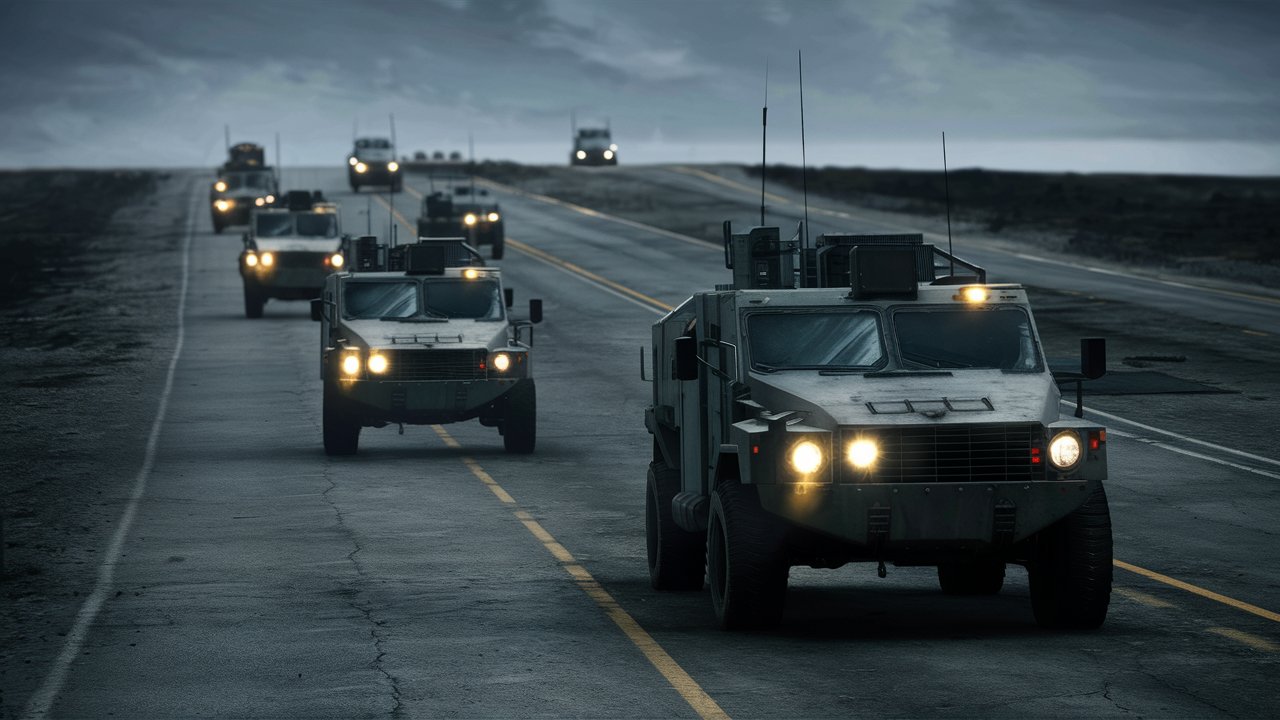 Military Convoy Journey Through PostApocalyptic Landscape