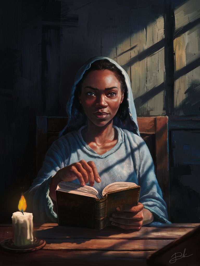 Digital painting of a beautiful ethnic woman with a determined expression, reading a Bible by candlelight in a dimly lit room, with shadows dancing on the walls. The scene conveys the quiet strength and unwavering faith of believers who seek solace and guidance through prayer and scripture, even in times of darkness and uncertainty.