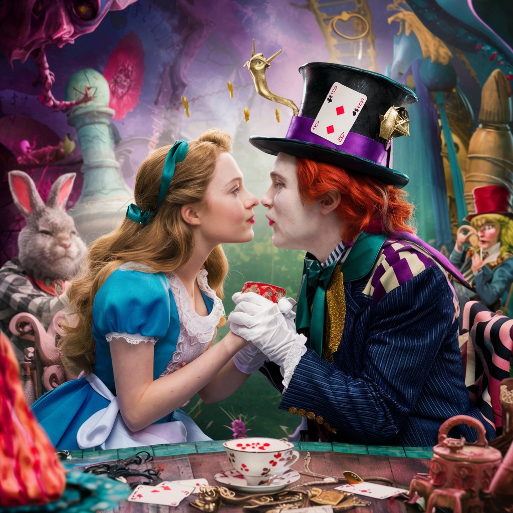 Whimsical Romance Alice and the Mad Hatter Kissing