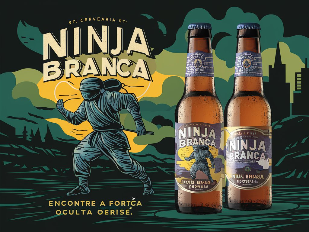 Create a craft beer label for my limited-edition beer. The name and theme is WHITE NINJA. The beer style is an Amber Ale from Cervejaria St Peter’s. Write in Portuguese.