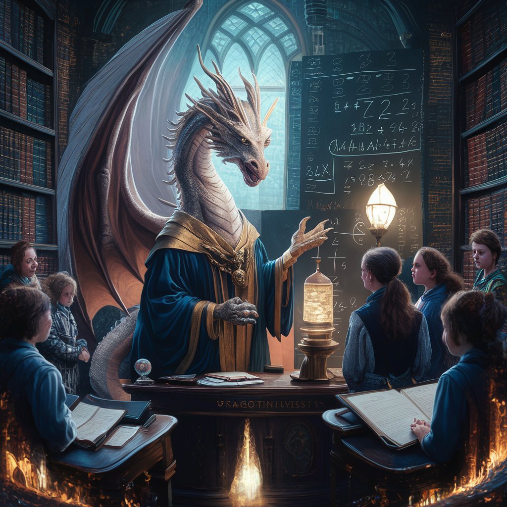 Imagine a captivating scene where a wise and majestic dragon stands beside a desk in a prestigious university, passionately explaining mathematical concepts to a group of curious students. Picture the dragon as a venerable scholar, adorned with scholarly robes and an aura of wisdom, engaging the students with its profound understanding of mathematics. Surround the scene with elements characteristic of a university setting, such as towering bookshelves filled with academic tomes, mathematical equations elegantly scrawled on a blackboard, and eager students eagerly absorbing the dragon's teachings. Capture the essence of intellectual exchange and academic enlightenment, as the dragon imparts knowledge and inspires the next generation of mathematicians. Let the image radiate a sense of wonder and discovery, inviting viewers to embark on a journey of learning alongside this extraordinary creature